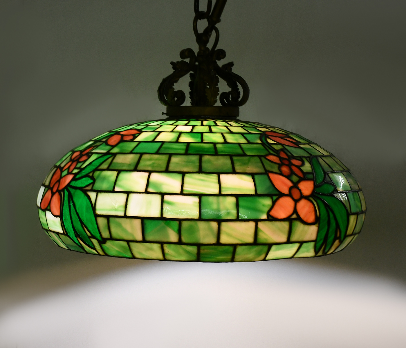 Appraisal: CIRCA 'S LIGHT STAINED GLASS CHANDELIER Early th century leaded