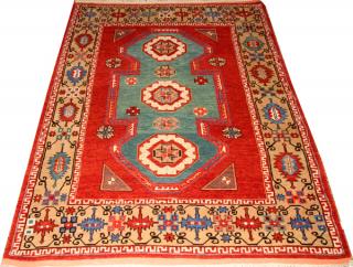 Appraisal: TURKISH HAND WOVEN WOOL RUG KAZAK DESIGN TURKISH HAND WOVEN