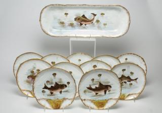 Appraisal: M Redon Limoges Fish Set Hand Limoges porcelain set of