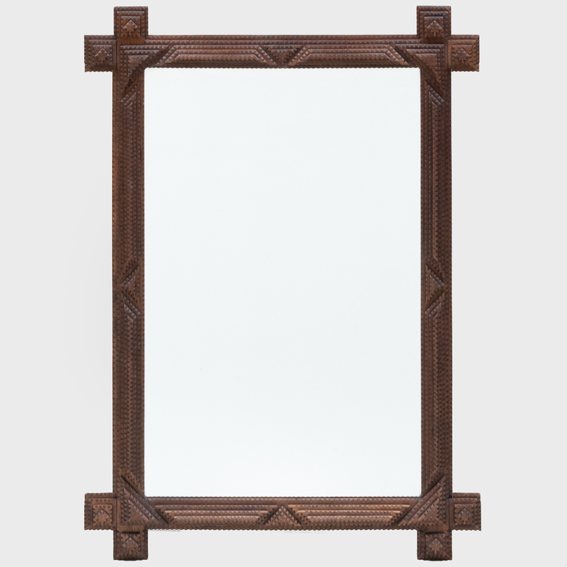 Appraisal: MODERN CARVED WOOD TRAMP ART MIRROR Fitted with a beveled