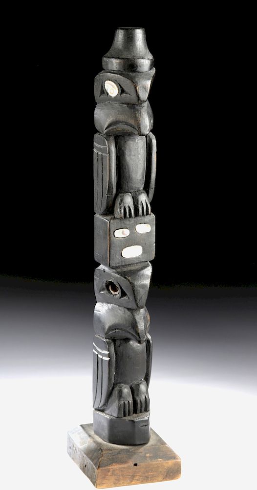 Appraisal: th C Nuu-chah-nulth Wood Totem Pole w Abalone Inlay Native