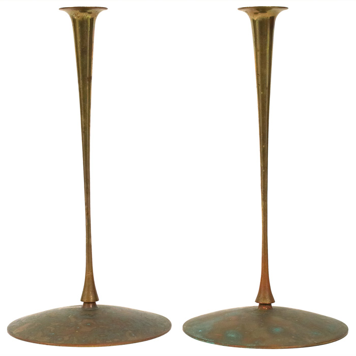 Appraisal: Jessie Preston candlesticks pair in brass graceful thin-neck form with