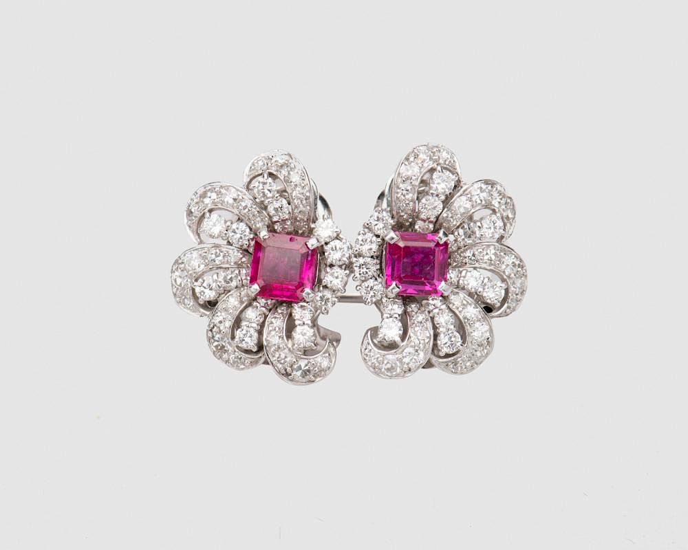 Appraisal: Platinum Ruby and Diamond Earclips Dressclips or Brooch Platinum Ruby