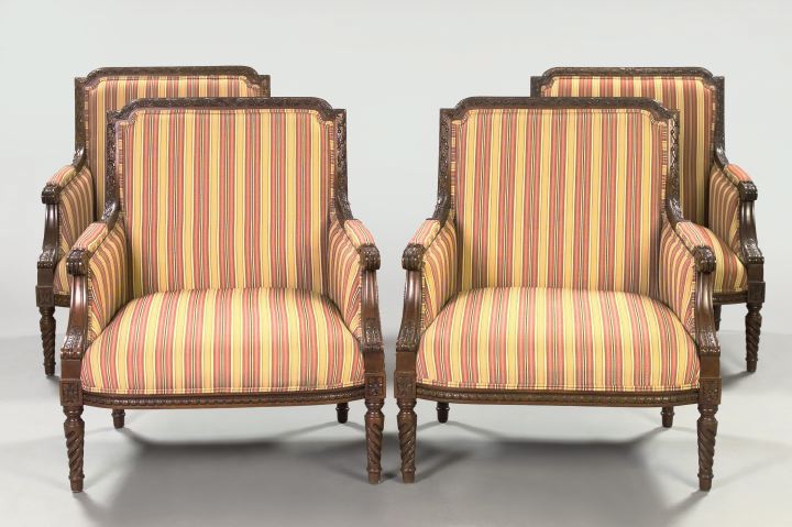 Appraisal: Suite of Four Generously Proportioned Louis XVI-Inspired Mahoganized Bergeres each