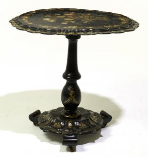 Appraisal: A VICTORIAN LACQUERED AND MOTHER-OF-PEARL INLAID REVOLVING TILT-TOP TABLE Late