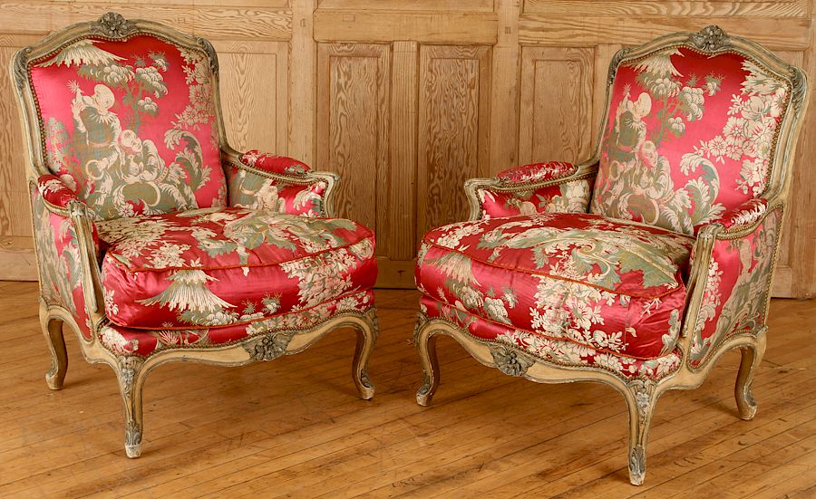 Appraisal: PAIR JANSEN CHINOISERIE BERGERE CHAIRS LOUIS XV A pair of