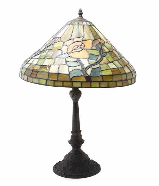 Appraisal: An American Leaded Glass Table Lamp the conical shade decorated