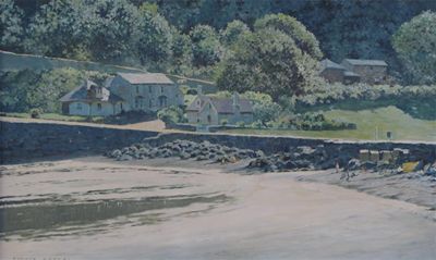 Appraisal: Donald Grieg th Century Coastal view with cottages possibly in