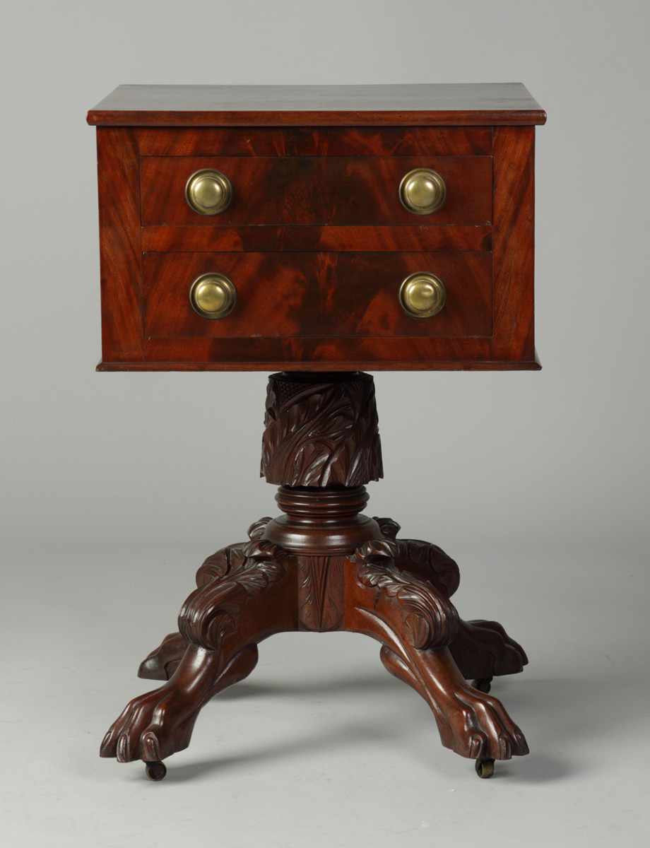 Appraisal: Federal Carved -Drawer Mahogany Stand Carved acanthus base paw feet