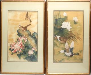 Appraisal: Pair of Chinese Inks on Silk of Birds Flowers The