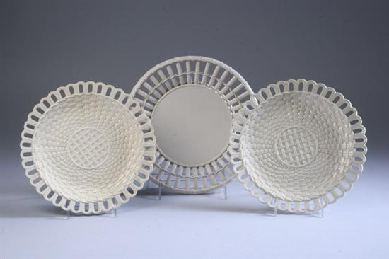 Appraisal: TWO ENGLISH CREAMWARE BASKET-WEAVE PLATES AND A CREIL BASKET-WEAVE PLATE