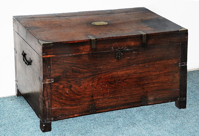 Appraisal: A TH CENTURY HARDWOOD AND BRASS BOUND CAMPAIGN BOX on