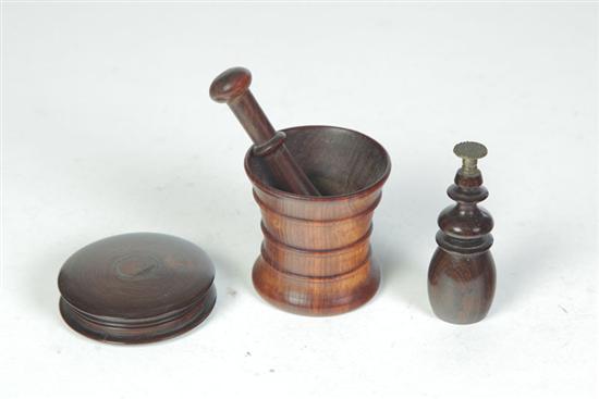 Appraisal: THREE PIECES OF TREEN American mid-late th century wood brass