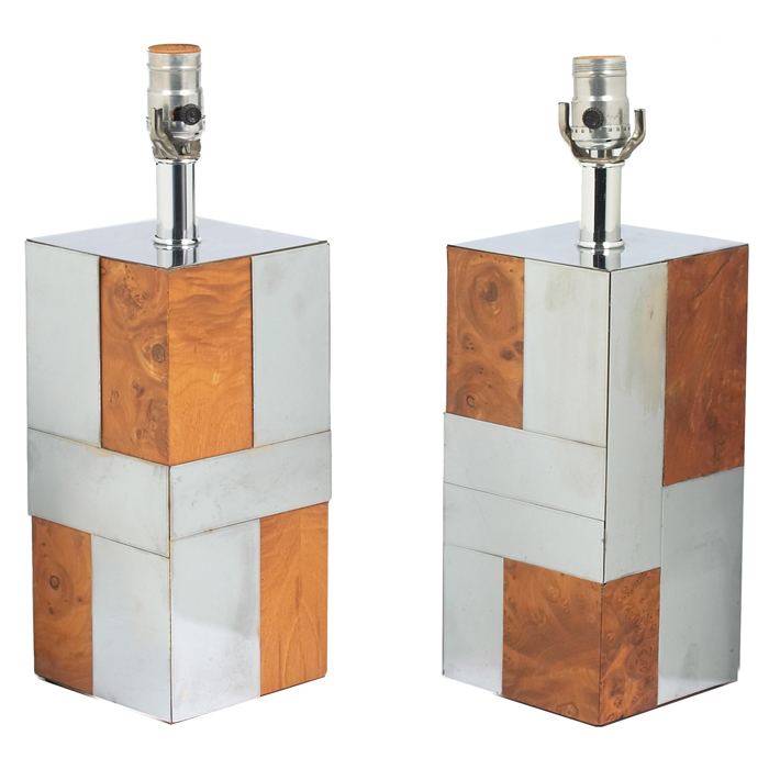 Appraisal: Paul Evans table lamps pair attribution burled wood and chrome