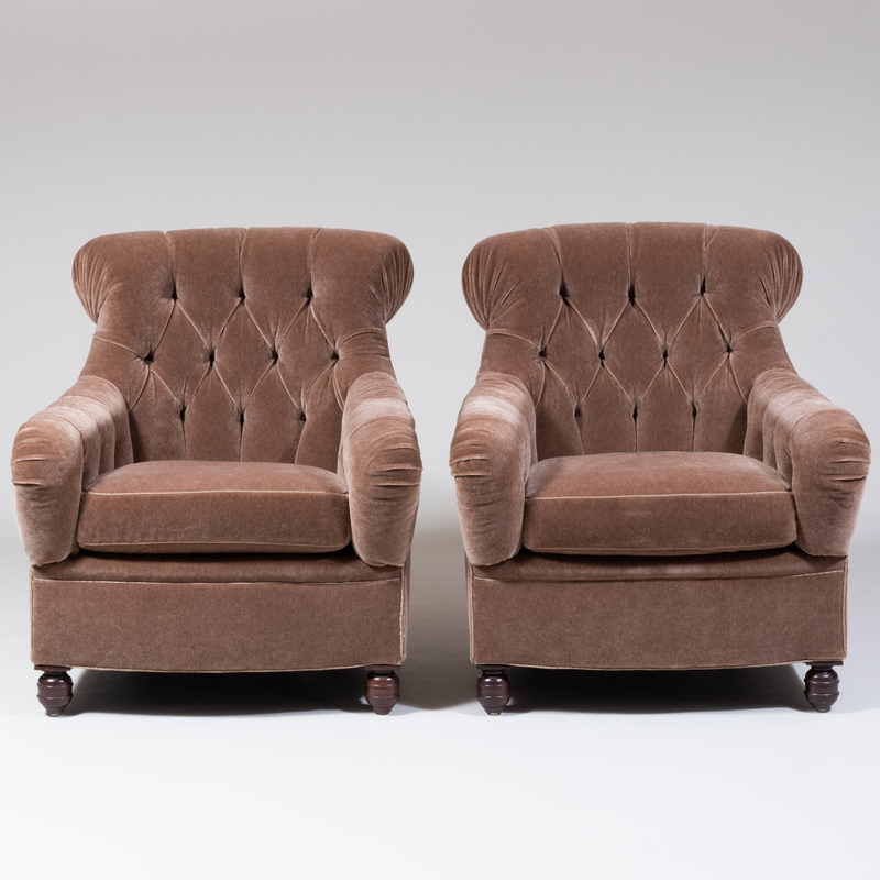 Appraisal: Pair of Custom Tufted Brown Mohair Upholstered Club Chairs Designed