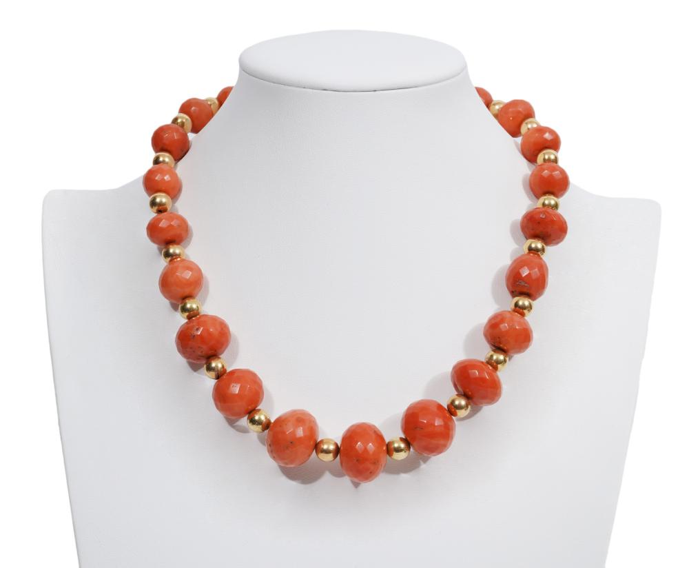 Appraisal: NATURAL SALMON CORAL K YG BEAD NECKLACEVintage K yellow gold