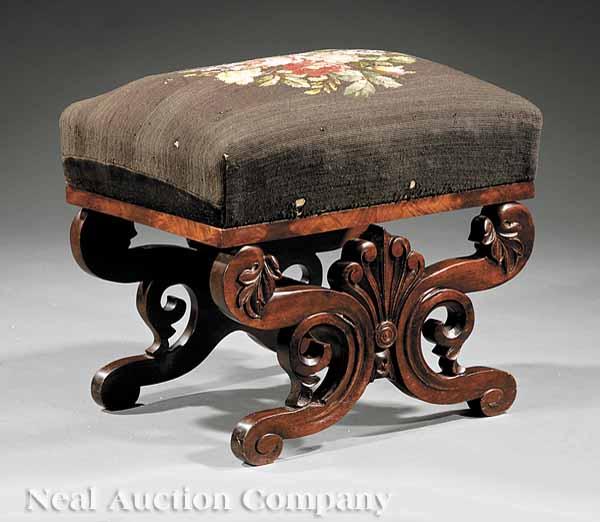 Appraisal: An American Classical Mahogany Footstool c antique needlepoint upholstered seat