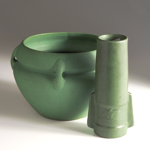 Appraisal: Two Zanesville matt green pieces to include a WELLER jardiniere