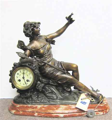 Appraisal: FIGURAL SPELTER AND ROSE MARBLE MANTEL CLOCK French th century