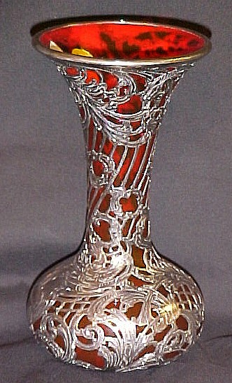 Appraisal: Sterling overlay bud vase cranberry glass monogrammed h