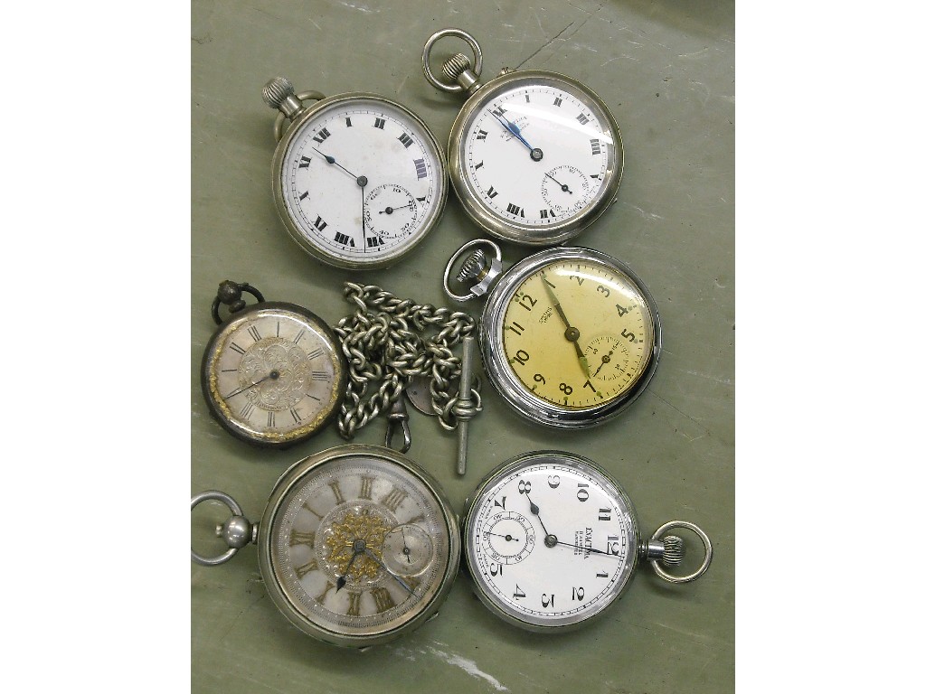 Appraisal: Six assorted pocket watches and a plated Albert with T-bar