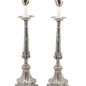 Appraisal: A Pair of Continental Pewter Prickets Mounted as Lamps th