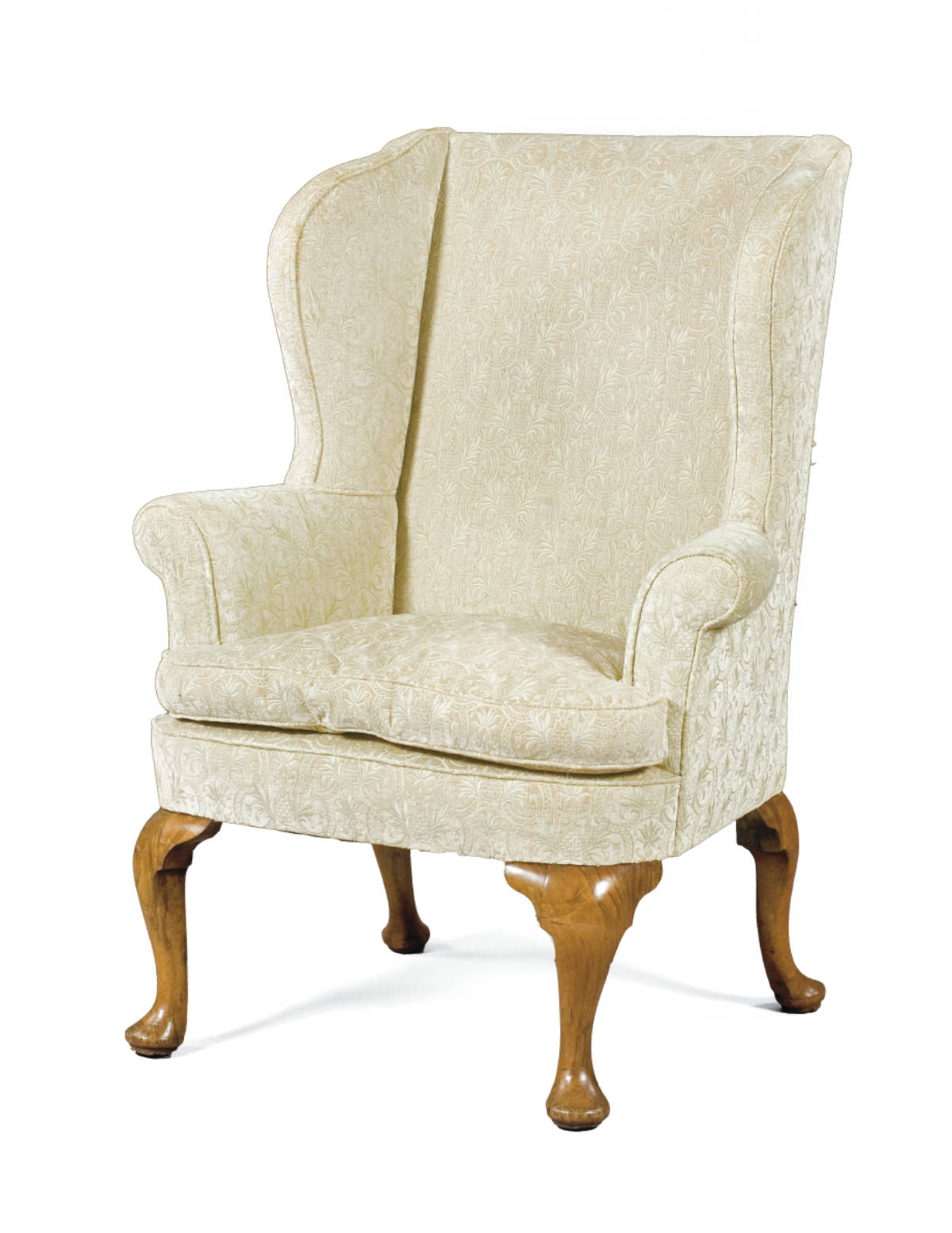 Appraisal: ENGLISH QUEEN ANNE WALNUT WING CHAIR The canted back serpentine