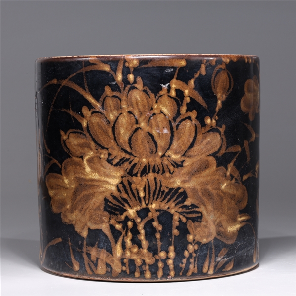 Appraisal: Chinese black glazed ceramic brush pot with gilt design and