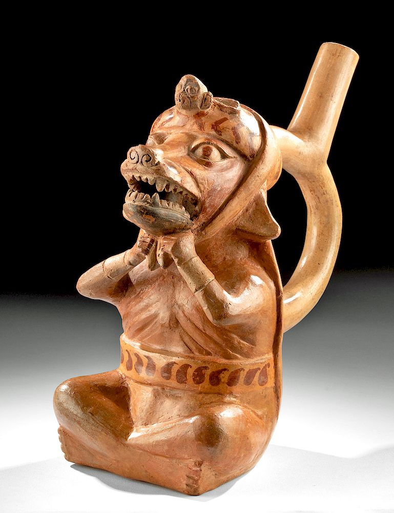 Appraisal: Superb Moche Ceramic Stirrup Vessel - Fox-Headed Shaman Pre-Columbian Peru