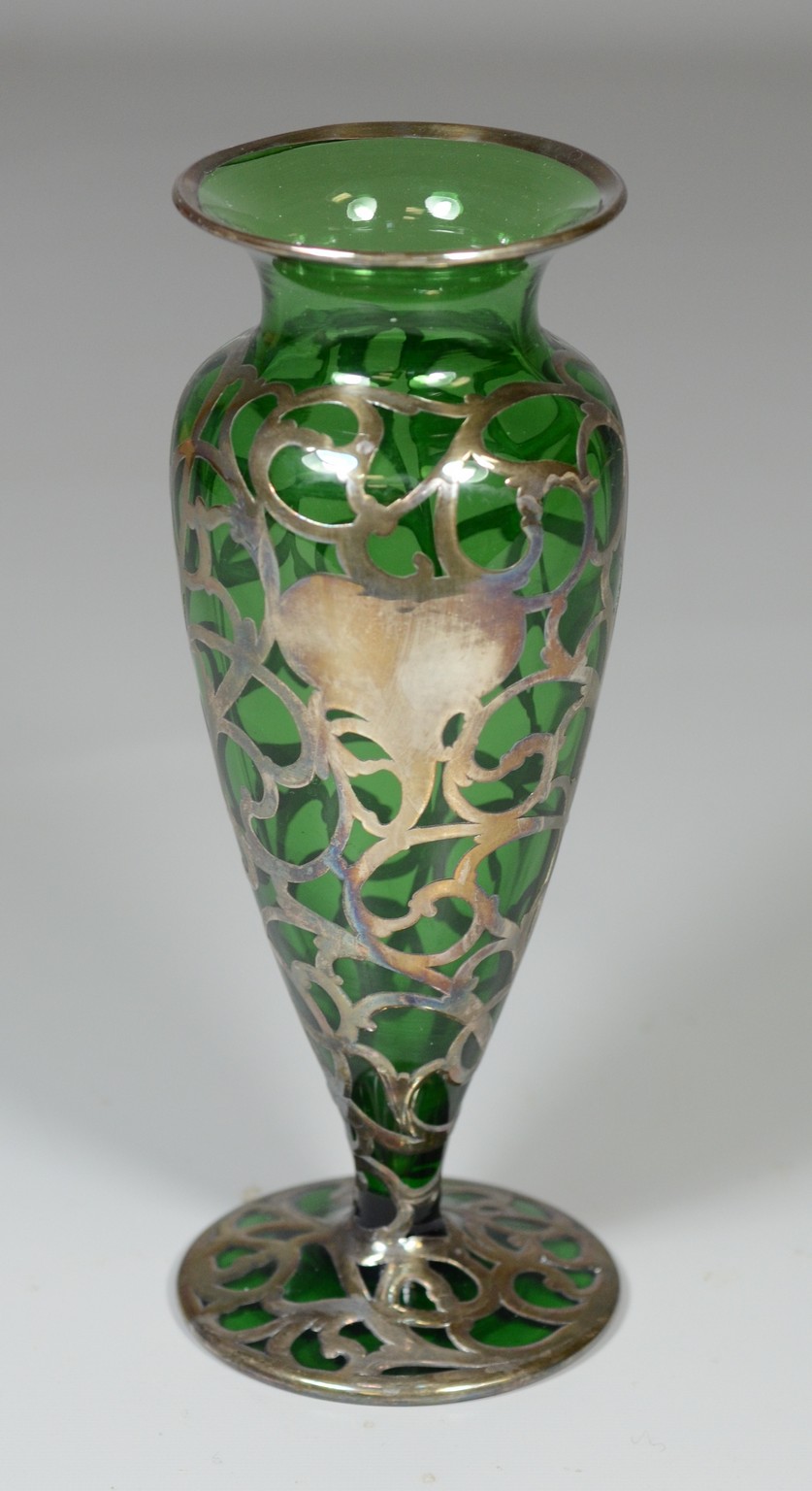 Appraisal: Green silver overlay footed vase tall