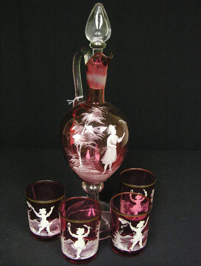 Appraisal: LARGE MARY GREGORY CRANBERRY DECANTER SET Decanter Size by Glass