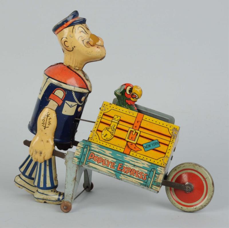 Appraisal: Marx Tin Litho Wind-Up Popeye Pushing Parrot Toy Scarcest version