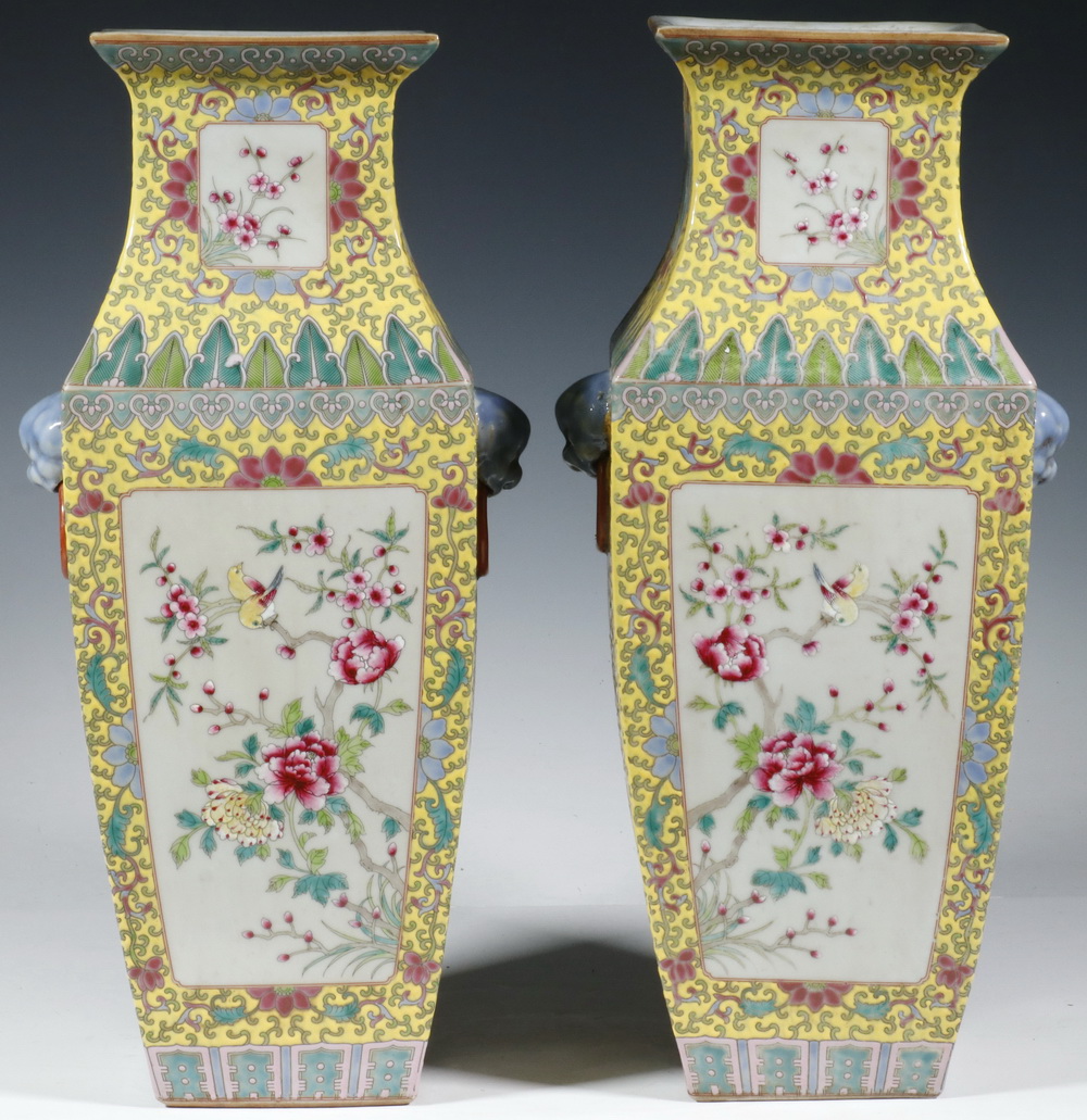 Appraisal: PR CHINESE FAMILLE ROSE SQUARE VASES Pair of Chinese Famille