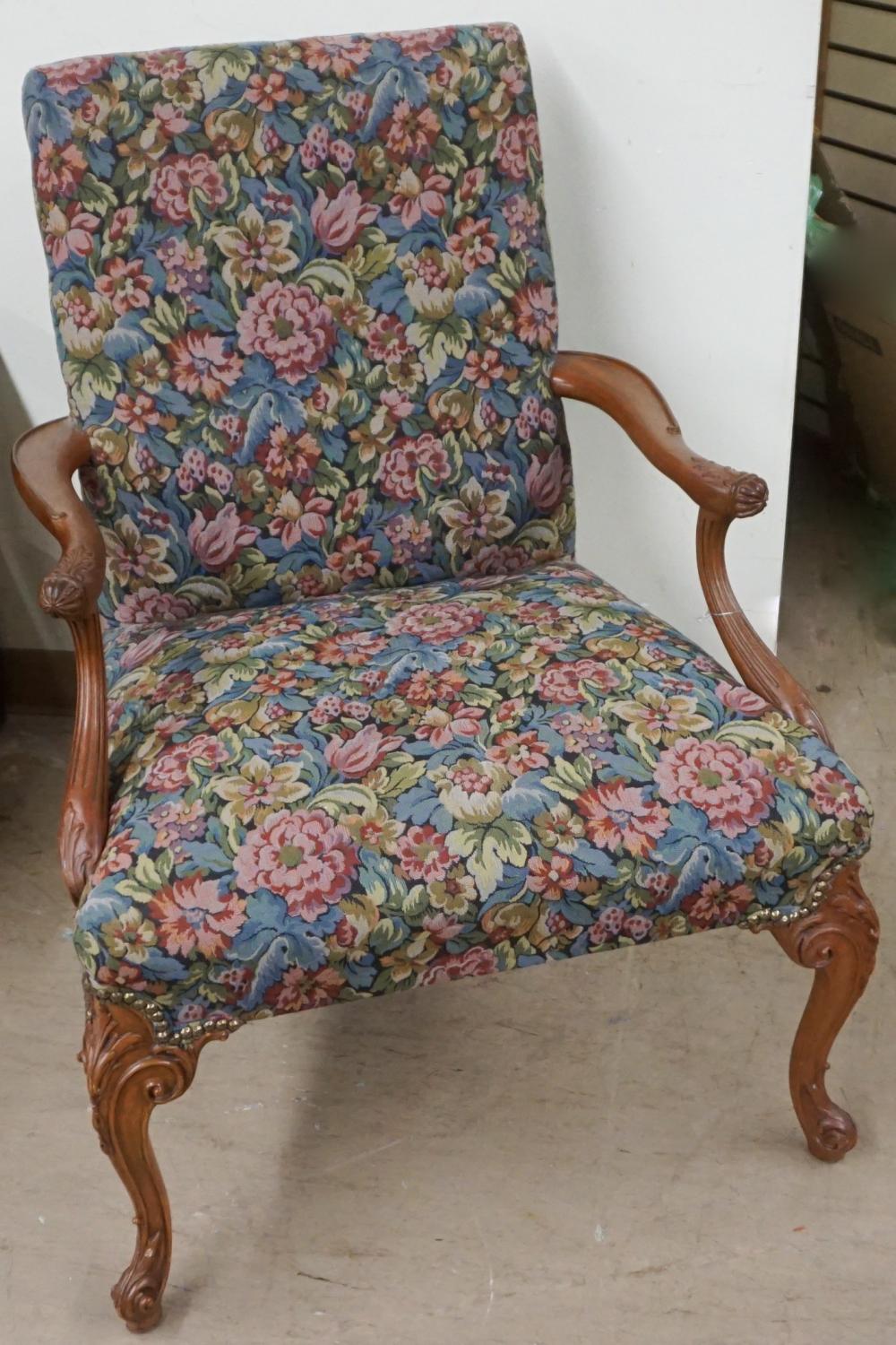 Appraisal: George III Style Walnut Machine Floral Tapestry Upholstered Library Armchair