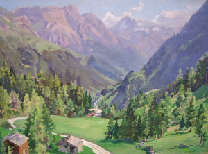 Appraisal: Beatrice Langdon - - Swiss mountain scene with chalets oil