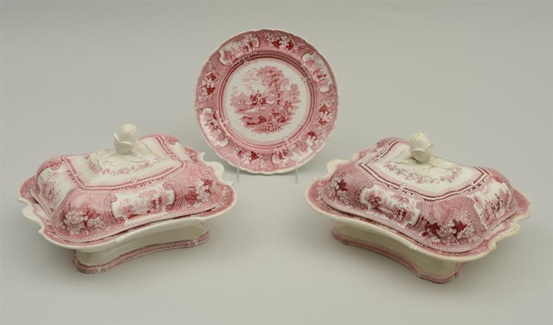 Appraisal: PAIR OF STAFFORDSHIRE RED TRANSFER-PRINTED ENTREE DISHES AND COVERS AND