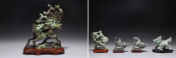 Appraisal: Group of five Chinese hardstone carvings each with wood stand