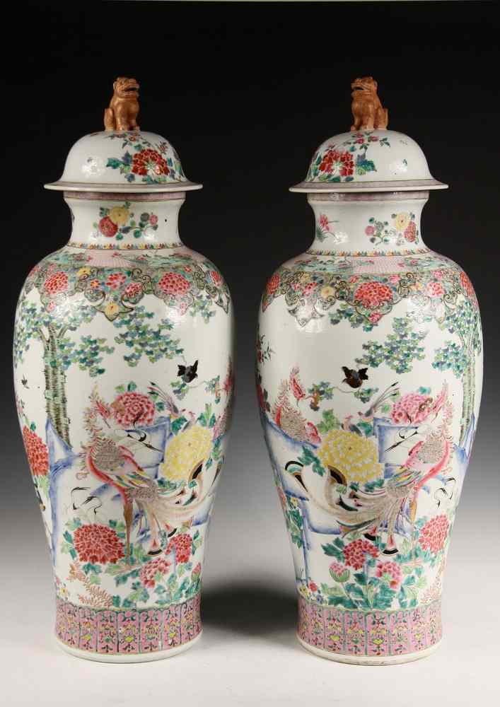 Appraisal: PAIR FAMILLE ROSE COVERED FLOOR URNS - Pair of th