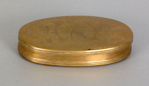 Appraisal: Dutch oval brass tobacco box the lid and bottom engraved