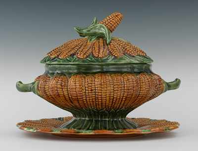 Appraisal: A Portugese Majolica Corn Tureen with Lid and Liner Platter