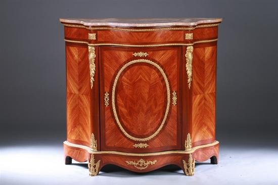 Appraisal: LOUIS XV STYLE MARBLE-TOP PARQUETRY-INLAID SERPENTINE COMMODE th century with