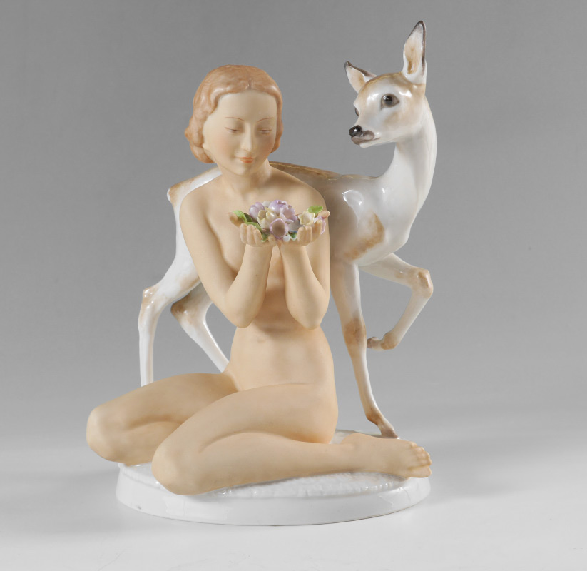 Appraisal: HUTSCHENREUTHER NUDE FIGURE WITH DEER Porcelain figure of a nude