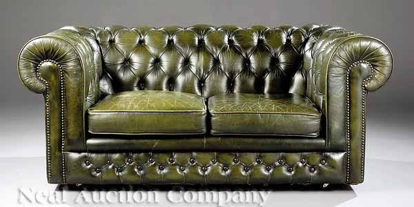 Appraisal: A Vintage Green Leather Chesterfield Settee button tufted scrolled back