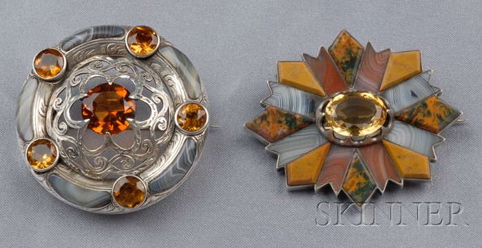 Appraisal: Two Victorian Silver Scottish Agate and Citrine Brooches one circle