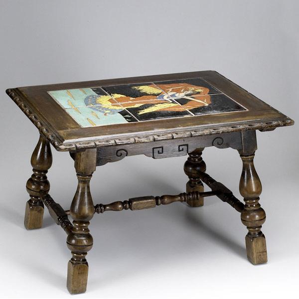 Appraisal: TAYLOR TILERY Tile top table with a six-tile panel Spanish