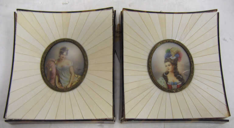 Appraisal: TWO MINIATURE FEMALE PORTRAITS Hand painted oval in Borrelli ivory