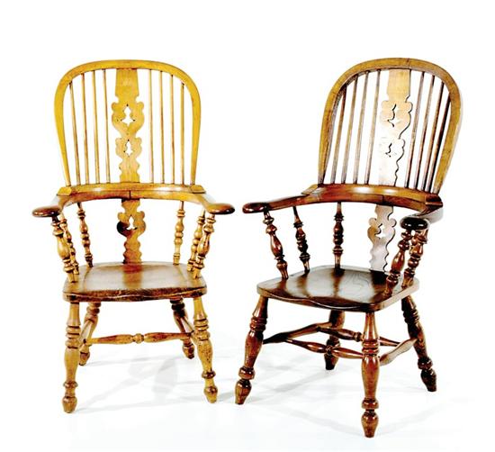 Appraisal: Two English ash hoopback Windsor chairs circa bow spindle and