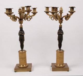 Appraisal: PAIR OF DORE BRONZE LIGHT FRENCH EMPIRE CANDELABRA HAVING FEMALE