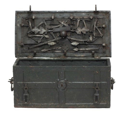 Appraisal: A th century iron bound Armada trunk the lid underside