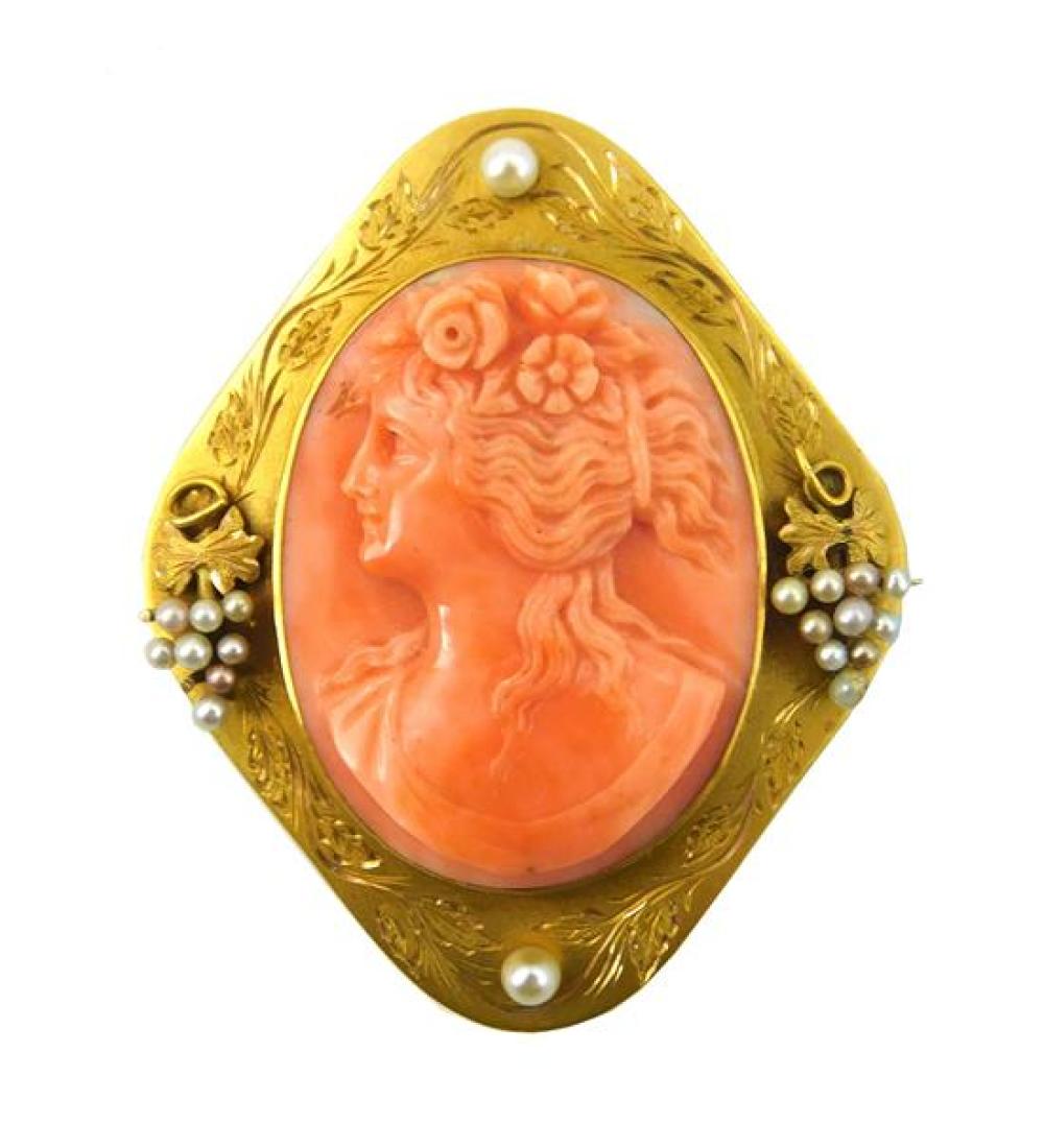 Appraisal: JEWELRY K gold antique coral and pearl cameo pendant brooch